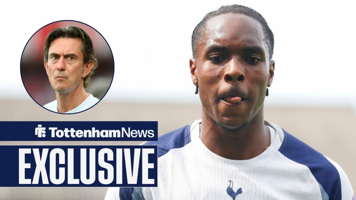 Tottenham News exclusive as Mathys Tel stares at the ground during a game for Spurs, as manager Thomas Frank glares at him from a circular inset.