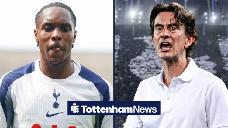 A split image as Tottenham star Mathys Tel stares at the ground during a game, while manager Thomas Frank shouts instructions in a circular inset.