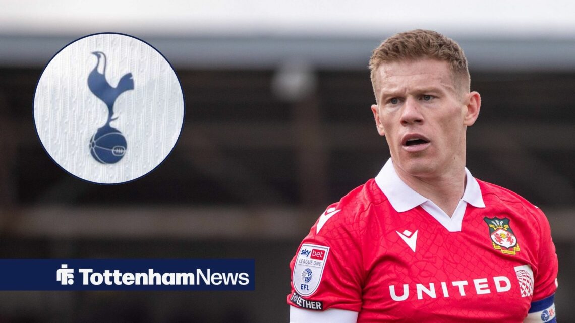 James McClean in action for Wrexham and Tottenham badge in circular inset