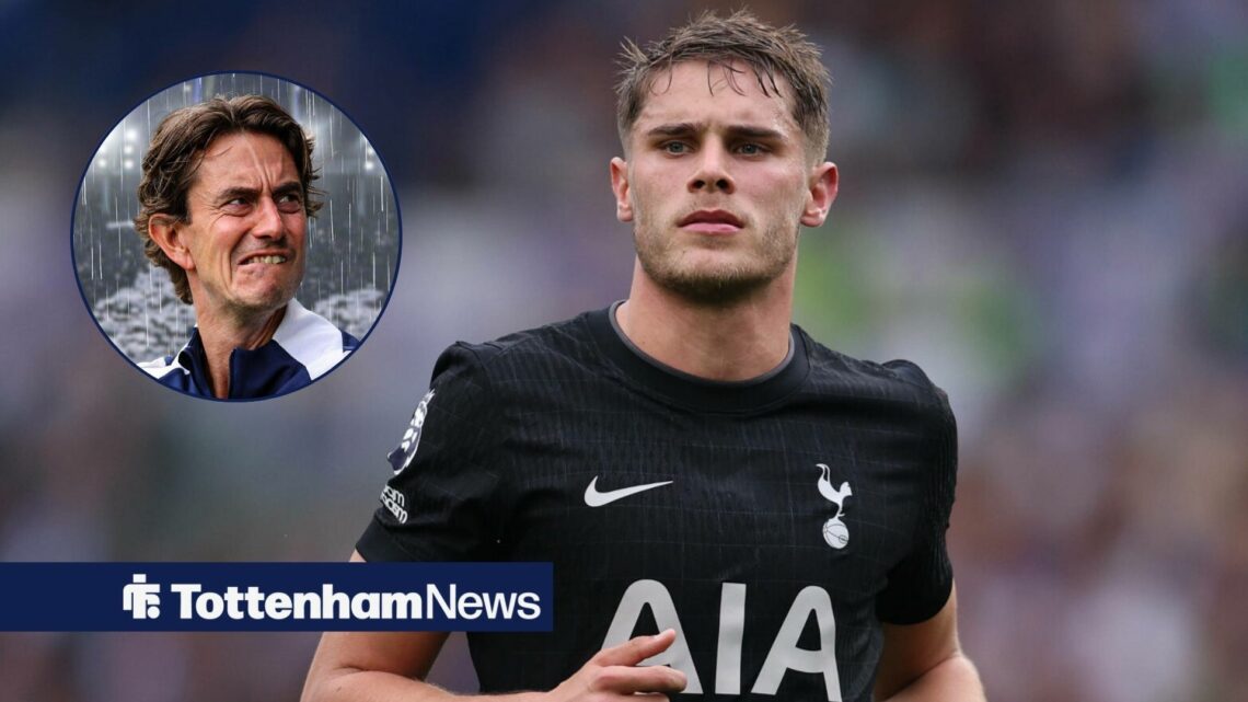 Micky van de Ven is in action for Tottenham, as manager Thomas Frank stands in the rain in a circular inset.