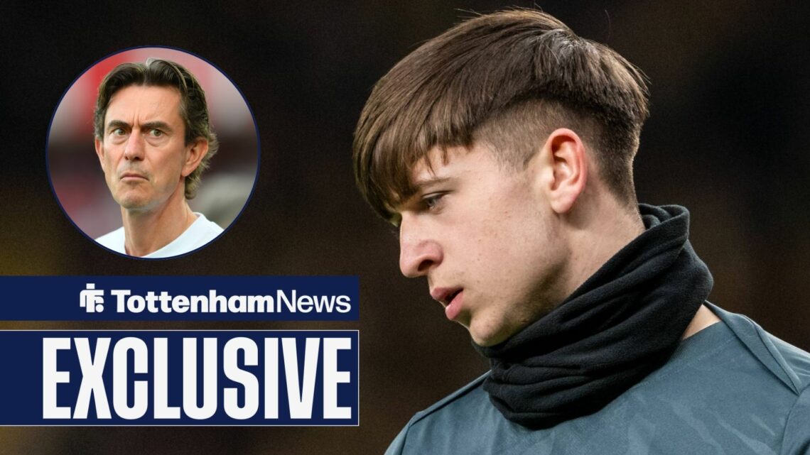 Tottenham News exclusive as Mikey Moore stares at the floor while warming up for a game, as Thomas Frank looks concerned in a circular inset.