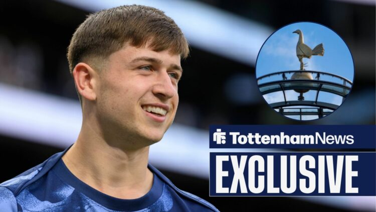 Tottenham News exclusive as Mikey Moore smiles in the direction of a circular inset, which features the cockerel on the roof of the Tottenham Hotsp...