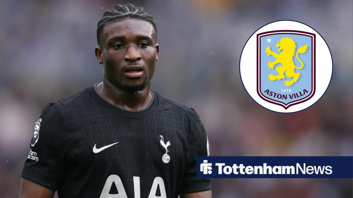 Mohammed Kudus stands looking concerned during a game for Tottenham, as the Aston Villa badge features in a circular inset.