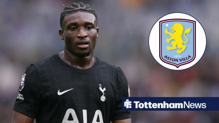 Mohammed Kudus stands looking concerned during a game for Tottenham, as the Aston Villa badge features in a circular inset.