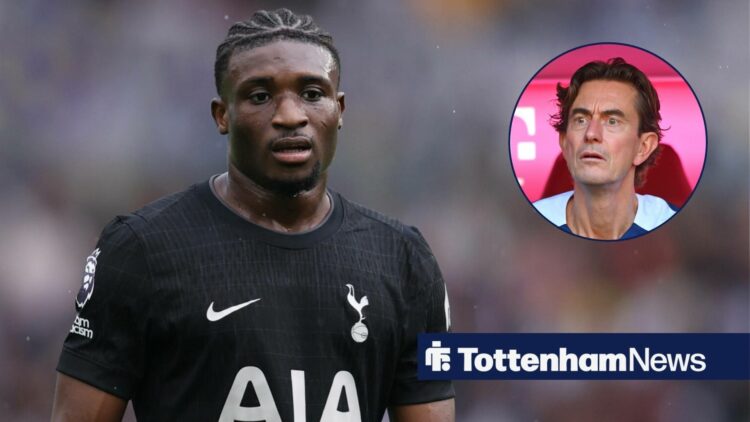 Tottenham star Mohammed Kudus stares pleadingly towards a circular inset, where manager Thomas Frank looks concerned in the dugout.