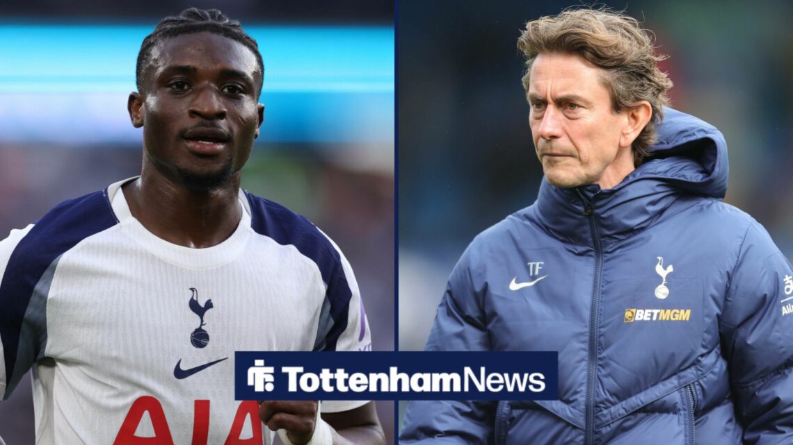 A split image as Mohammed Kudus is in action for Tottenham in the left half, while manager Thomas Frank stands looking concerned in the right half.