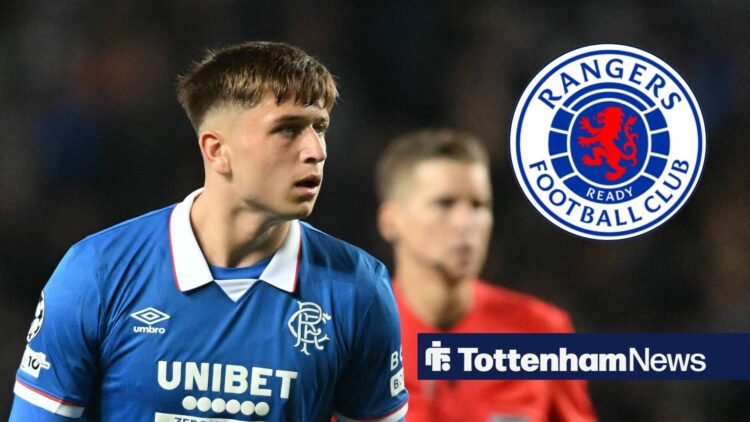 Mikey Moore focused in action and Rangers badge in circular inset