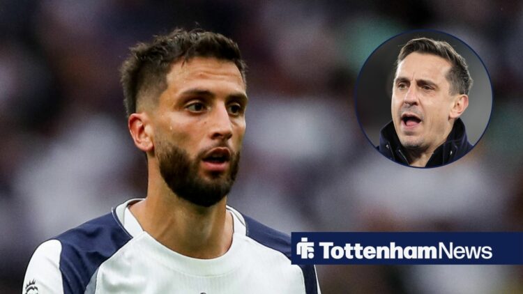 Rodrigo Bentancur in action for Tottenham and Gary Neville in circular inset