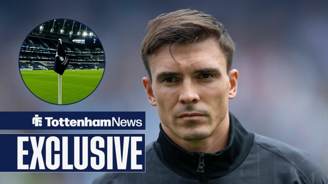 Joao Palhinha focused before a game and Tottenham Hotspur Stadium in circular inset