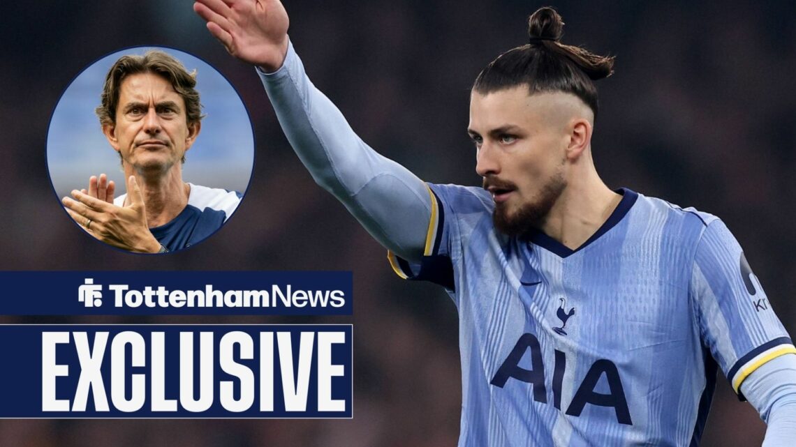 Tottenham News exclusive as Radu Dragusin raises his arm during a game, as Spurs manager Thomas Frank applauds in a circular inset.