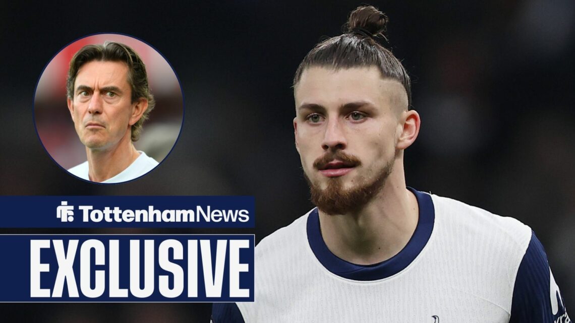 Tottenham News exclusive as defender Radu Dragusin stares into the distance during a game as manager Thomas Frank glares across from a circular inset.