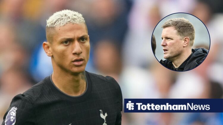Richarlison in action for Tottenham and Eddie Howe in circular inset
