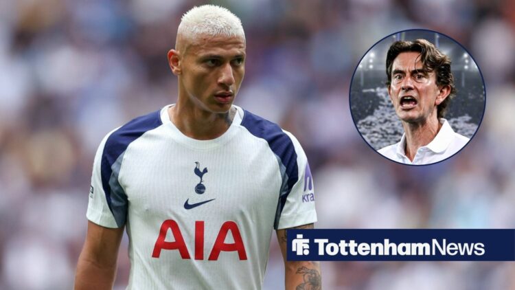 Tottenham striker Richarlison stares concernedly towards a circular inset, where manager Thomas Frank shouts instructions.