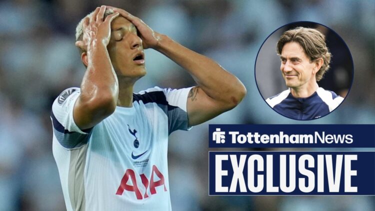 Tottenham News exclusive as Richarlison has his hands on his head during a game, while Thomas Frank grins in a circular inset.