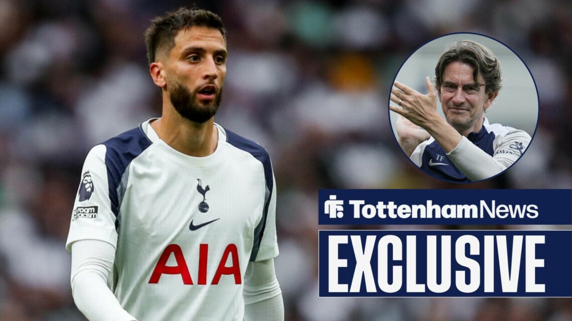 Tottenham News exclusive as Rodrigo Bentancur is in action during a game, while Thomas Frank smiles and applauds in a circular inset.