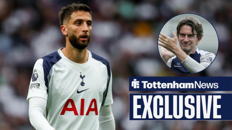 Tottenham News exclusive as Rodrigo Bentancur is in action during a game, while Thomas Frank smiles and applauds in a circular inset.