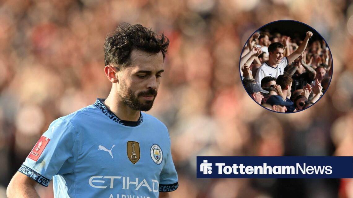 Bernardo Silva looking disappointed and Tottenham fans in circular inset