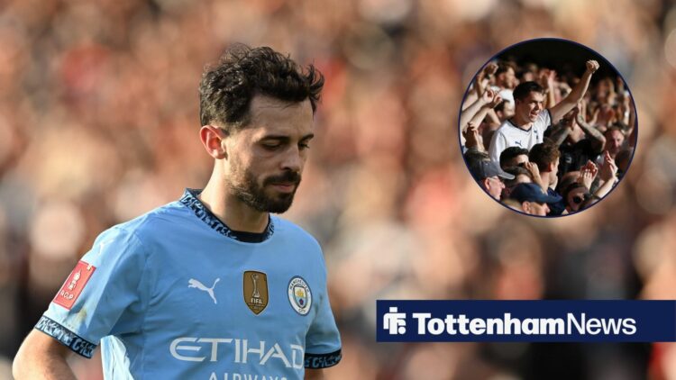 Bernardo Silva looking disappointed and Tottenham fans in circular inset