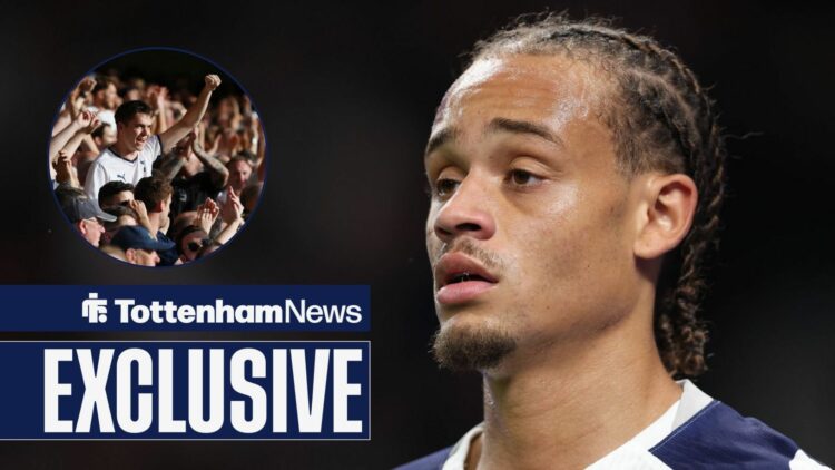 Xavi Simons in action for Tottenham and Spurs fans in circular inset