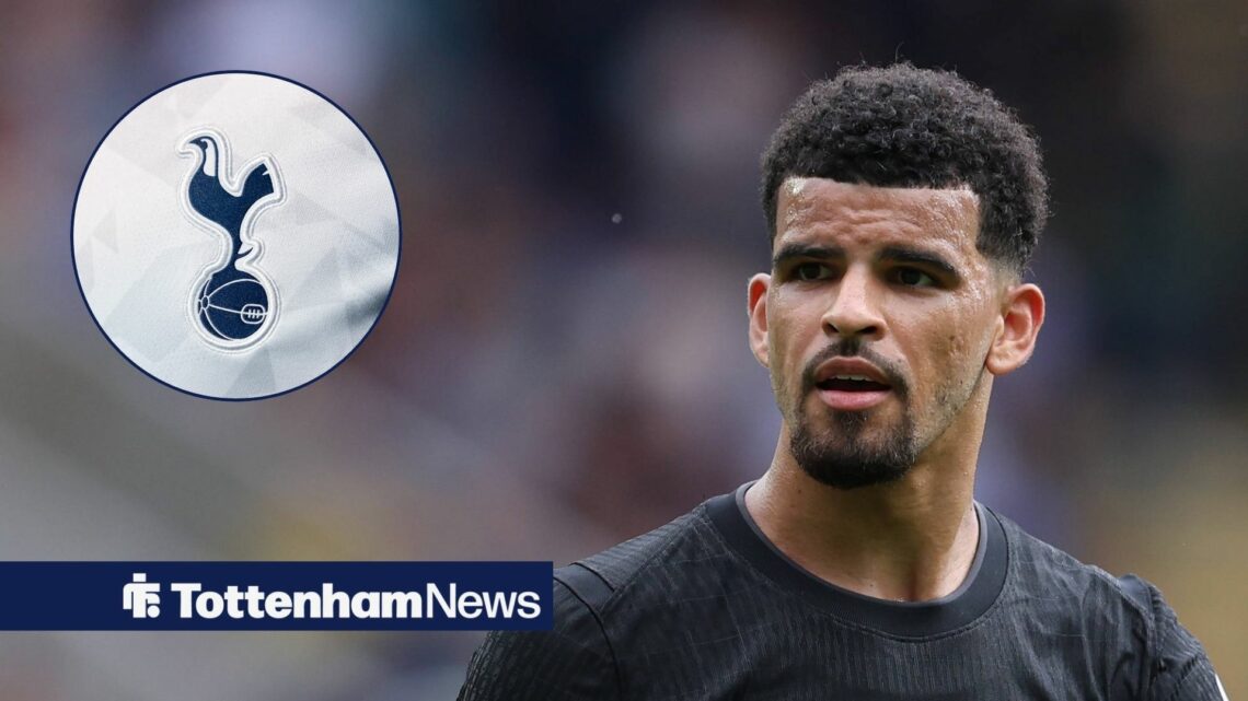 Dominic Solanke in action for Spurs and Tottenham badge in circular inset