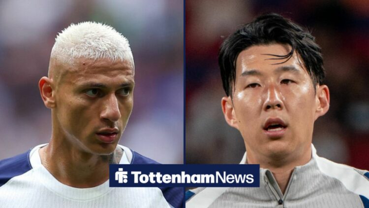 Richarlison in action for Tottenham and Son Heung-min looking surprised in split image