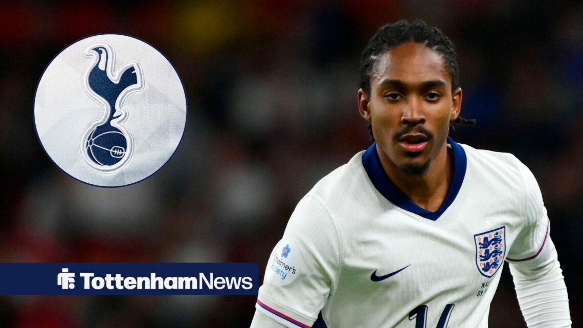Djed Spence in action for England and Tottenham badge in circular inset