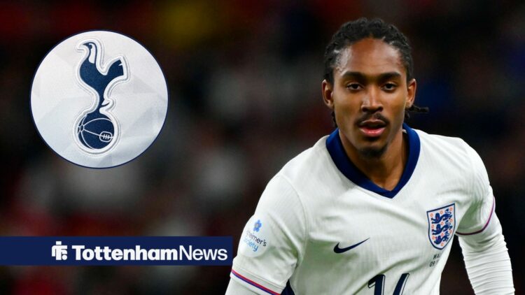 Djed Spence in action for England and Tottenham badge in circular inset