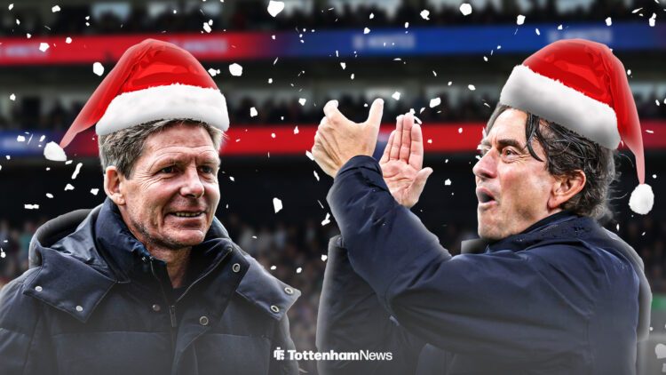 Oliver Glasner and Thomas Frank wearing Santa hats with Selhurst Park in the background.