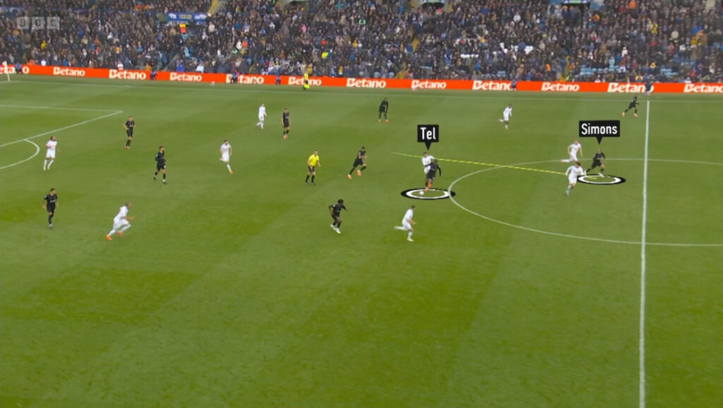 Mathys Tel launching a forward pass for Xavi Simons vs Leeds United via MOTD