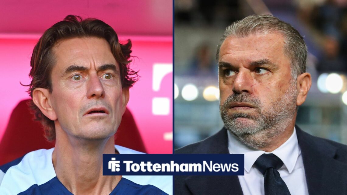 A split image as Tottenham manager Thomas Frank looks concerned in the dugout on the left, as Ange Postecoglou puffs out his cheeks on the right.