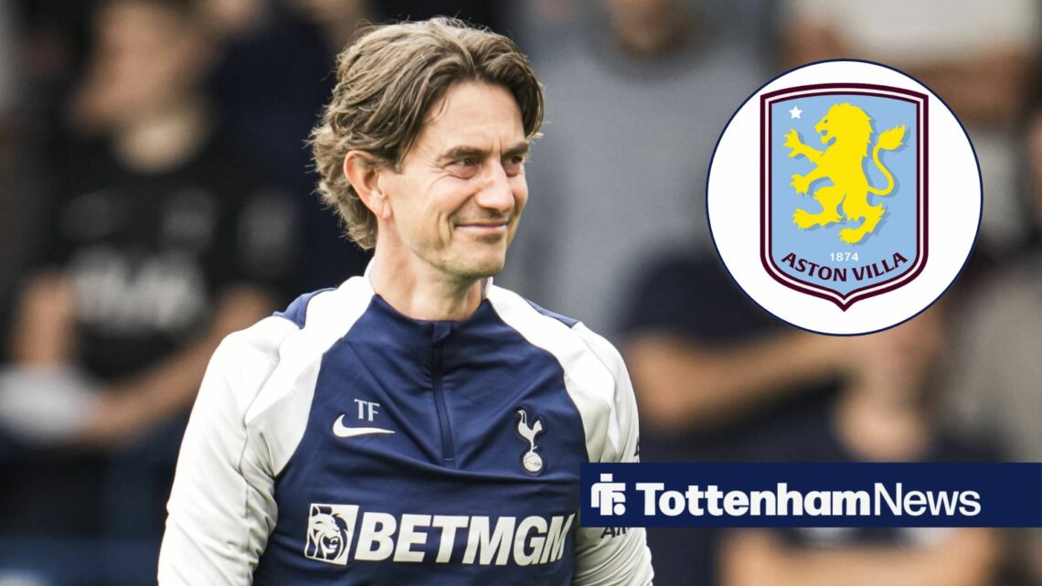 Tottenham manager Thomas Frank smiles towards a circular inset, which features the Aston Villa badge.