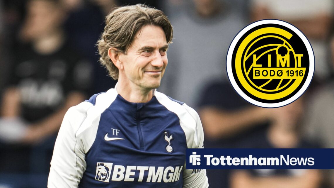 Tottenham manager Thomas Frank smiles in the direction of the Bodo/Glimt badge, which features in a circular inset on the right of the image.