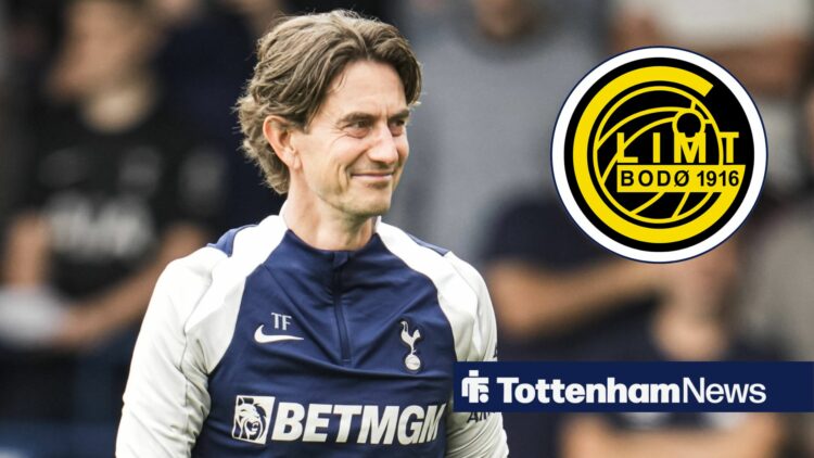 Tottenham manager Thomas Frank smiles in the direction of the Bodo/Glimt badge, which features in a circular inset on the right of the image.