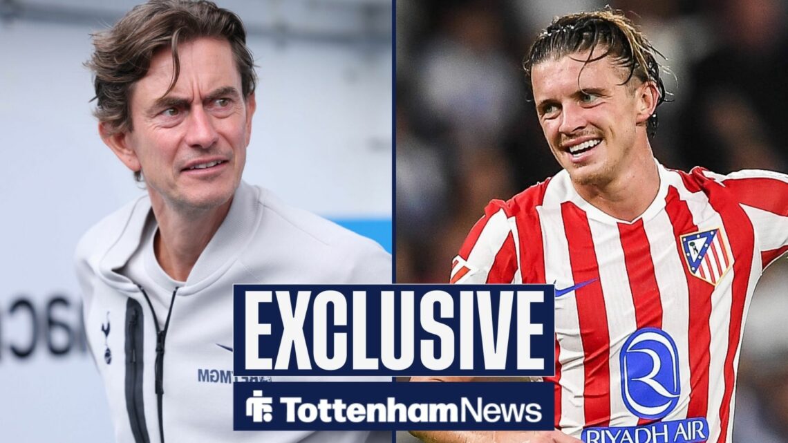 Tottenham News exclusive as Spurs manager Thomas Frank stares across a split image towards Conor Gallagher, who is in action for Atletico Madrid in...