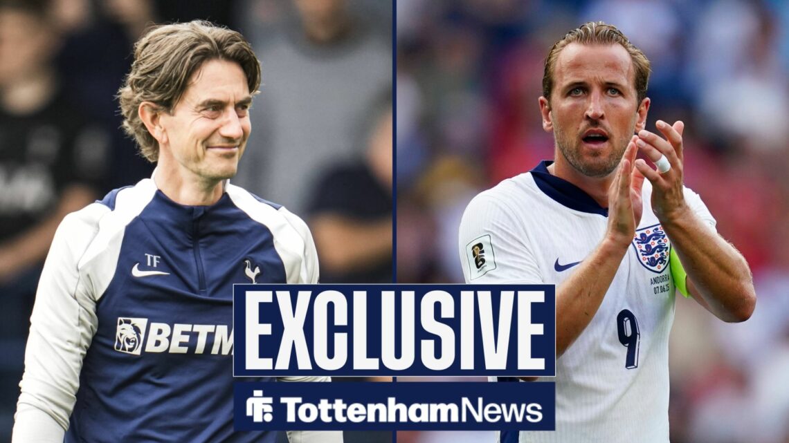 Tottenham News exclusive as Spurs manager Thomas Frank smiles across a split image towards Harry Kane, who applauds after a game for England.