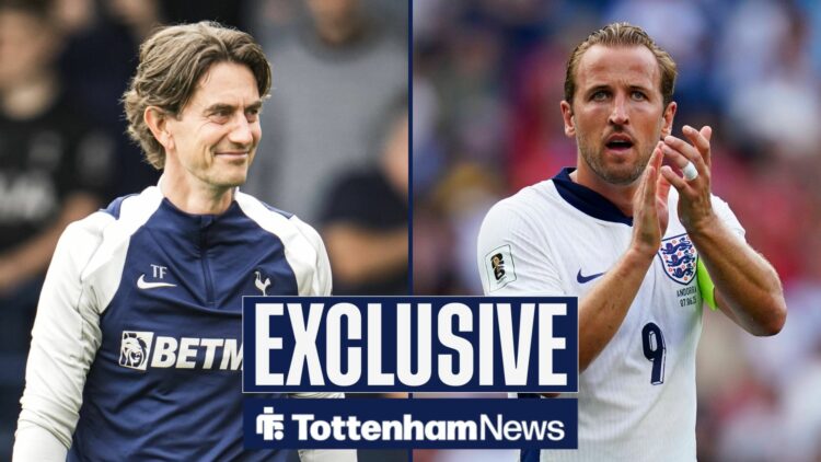Tottenham News exclusive as Spurs manager Thomas Frank smiles across a split image towards Harry Kane, who applauds after a game for England.