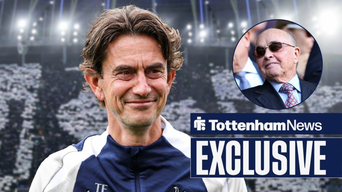 Tottenham News exclusive as manager Thomas Frank smiles towards a circular inset, where ENIC owner Joe Lewis watches on from the stands.