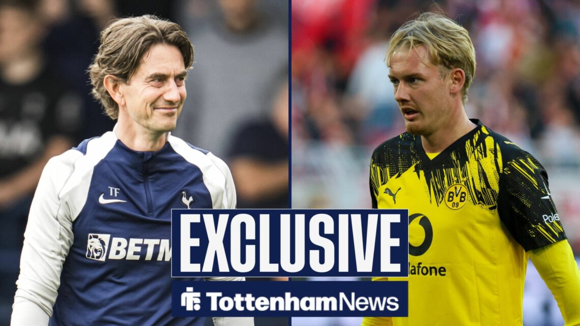 Tottenham News exclusive as Spurs manager Thomas Frank smiles across at Julian Brandt, who is in action for Borussia Dortmund in the right half of ...
