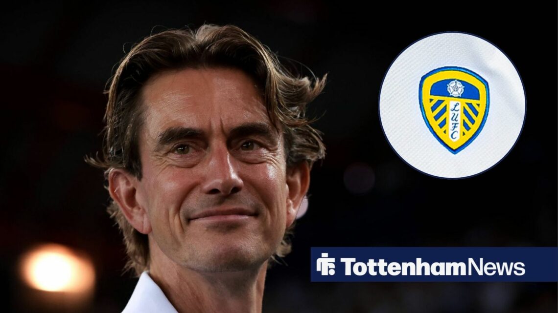 An image of Thomas Frank looking happy, next to a circular inset of the Leeds United badge