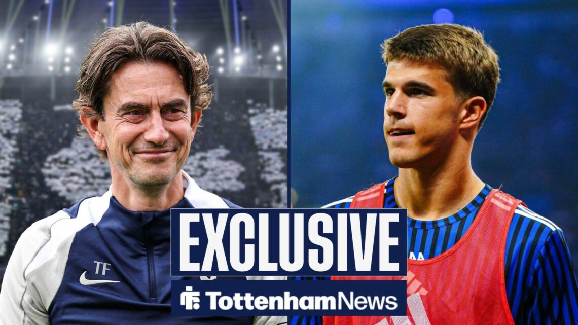 Tottenham News exclusive as Spurs manager Thomas Frank grins across a split image at Luka Vuskovic, who is warming up for Hamburg on the right of t...