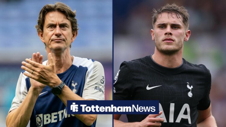 A split image as Tottenham manager Thomas Frank applauds as Micky van de Ven is in action on the right half of the image.