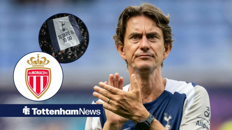 Tottenham manager Thomas Frank applauds as fans wave a giant flag in a ciruclar inset, with the Monaco badge also featuring.