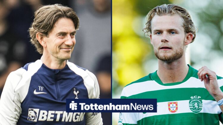 A split image as Tottenham manager Thomas Frank smiles across at Morten Hjulmand, who is in action during a game for Sporting CP.
