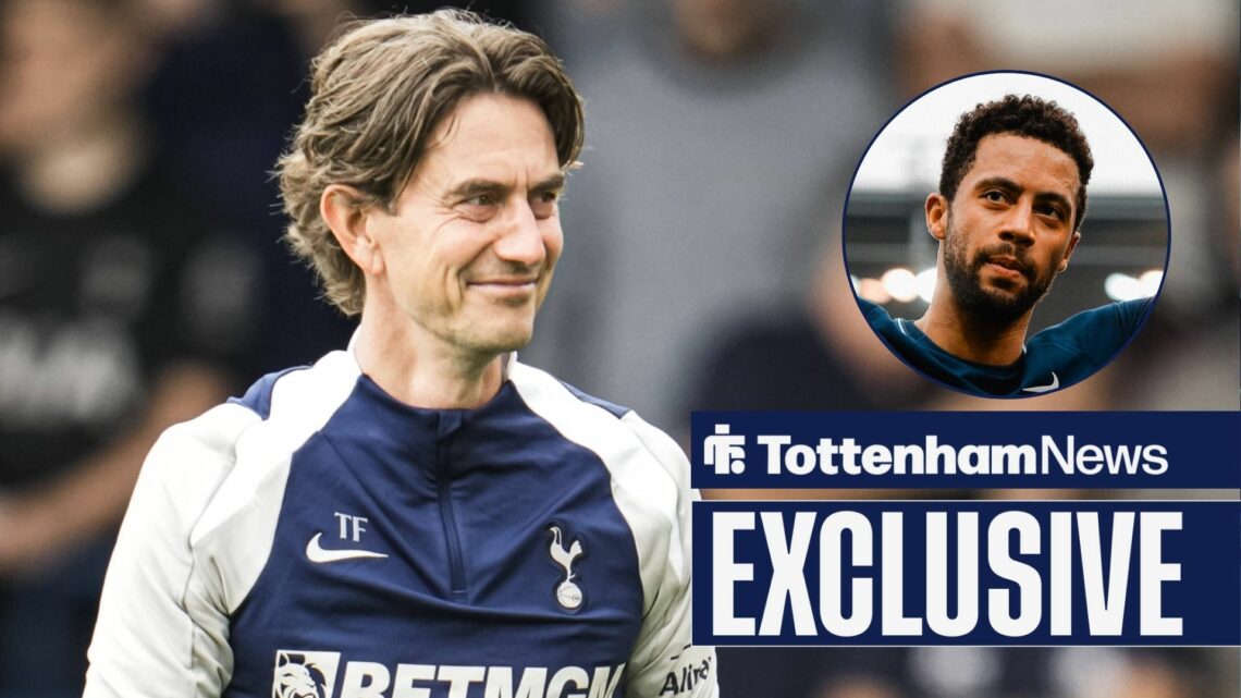 Tottenham News exclusive as Spurs manager Thomas Frank smiles towards a circular inset, where Mousa Dembele glances back at him.