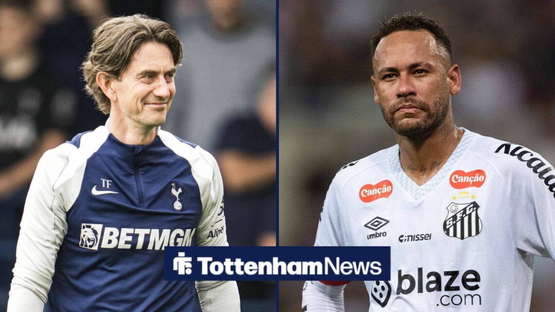 A split image as Tottenham manager Thomas Frank smiles across at Neymar, who is in action for Santos.