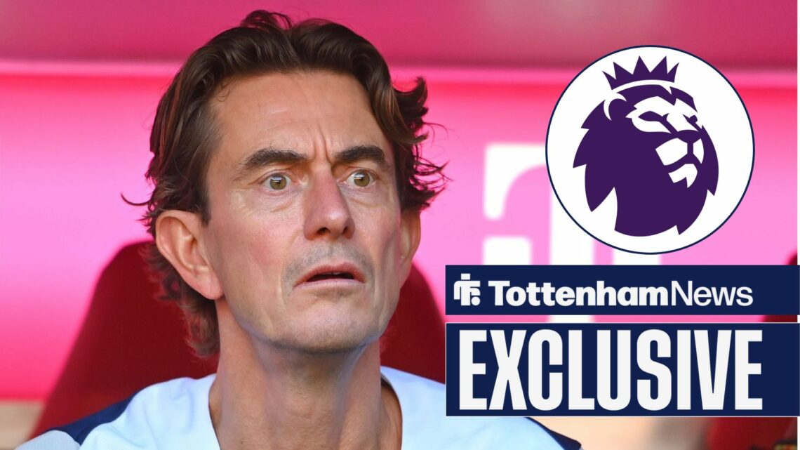 Tottenham News exclusive as Spurs manager Thomas Frank stares concernedly towards the Premier League crest, which features in a circular inset.