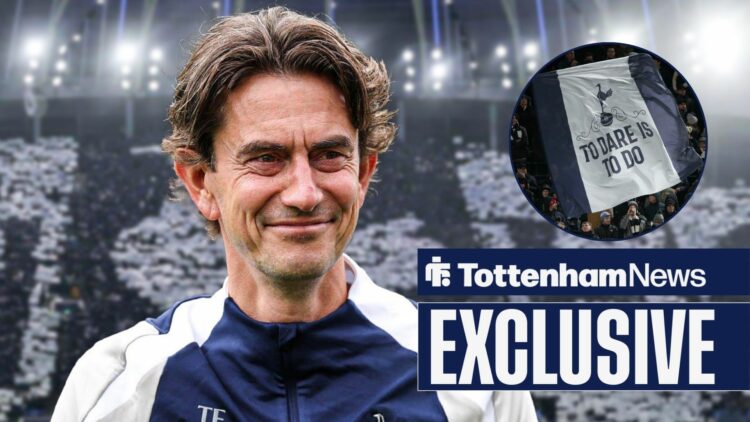 Tottenham News exclusive as Thomas Frank smiles towards a circular inset, where Spurs fans wave a giant flag bearing the club's motto.
