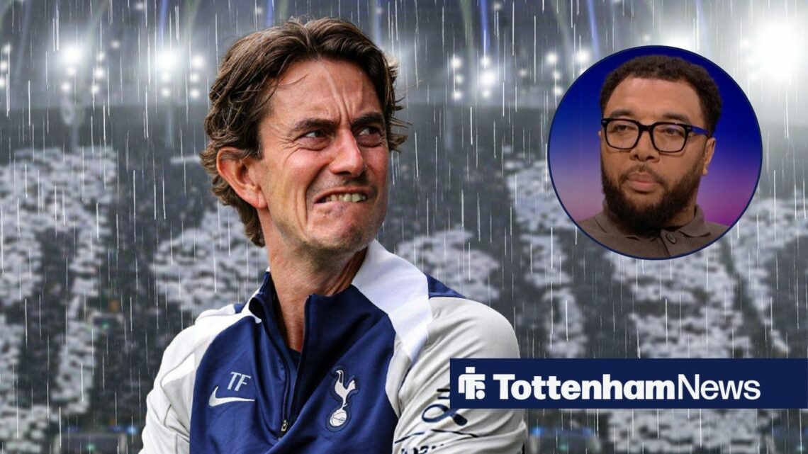 Tottenham manager Thomas Frank stands in the rain as he glances concernedly towards a circular inset, where Match of the Day pundit Troy Deeney gla...