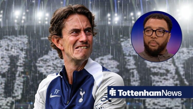 Tottenham manager Thomas Frank stands in the rain as he glances concernedly towards a circular inset, where Match of the Day pundit Troy Deeney gla...