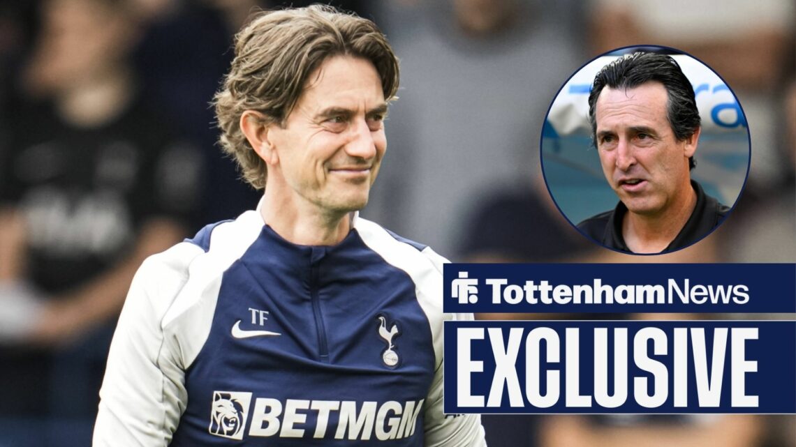 Tottenham News exclusive as Spurs manager Thomas Frank smiles across towards a circular inset, where Aston Villa boss Unai Emery stands looking con...